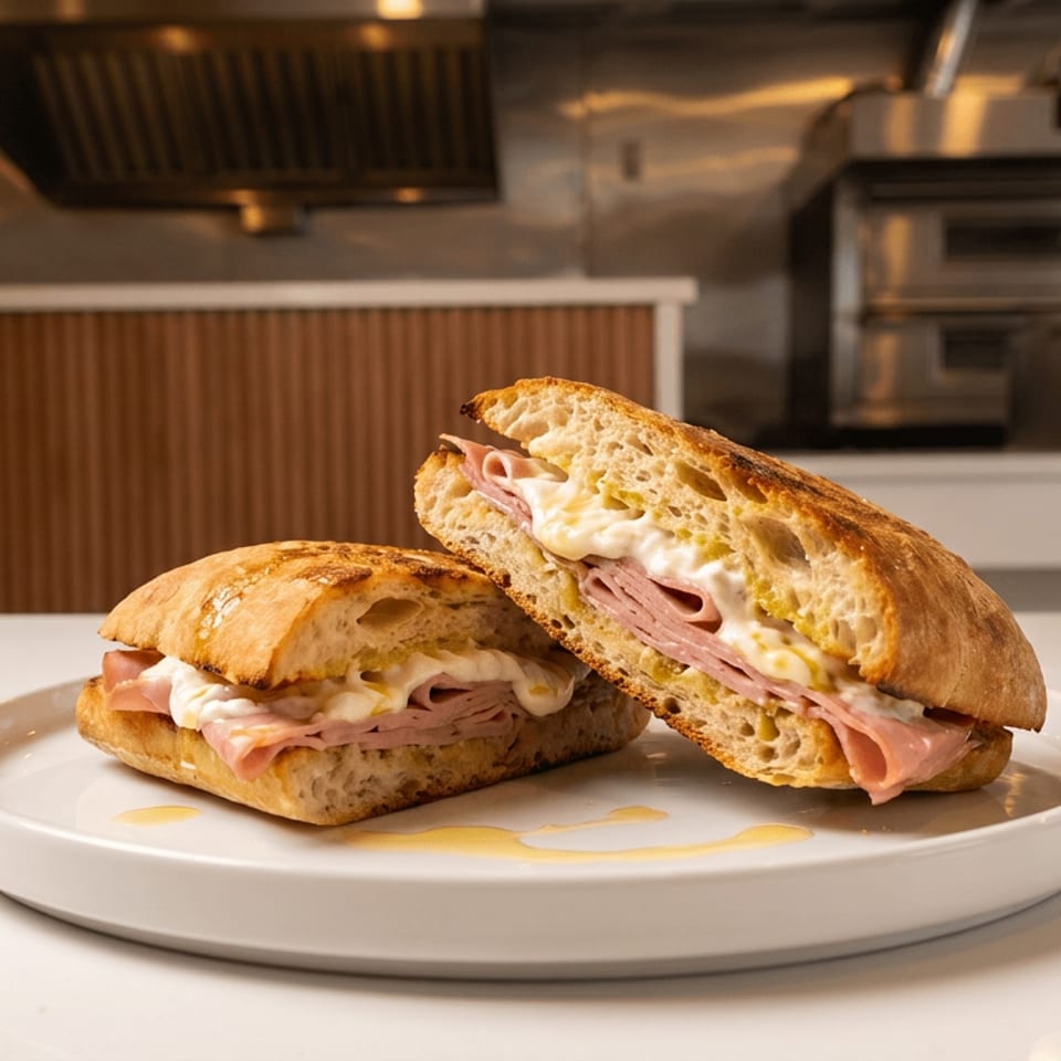 Two toasted ciabatta sandwiches filled with ham and melted cheese sit on a white plate in a warmly lit restaurant kitchen.
