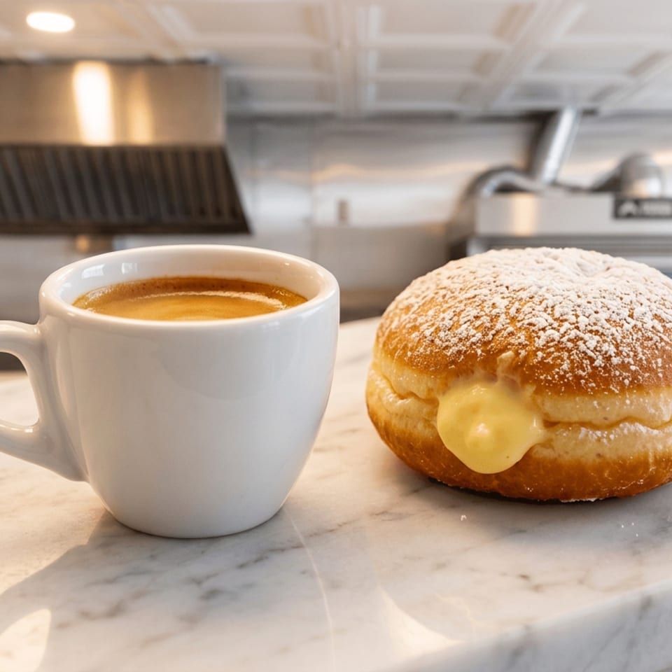 White espresso cup beside a powdered sugar pastry filled with cream on a marble counter in a bakery kitchen.