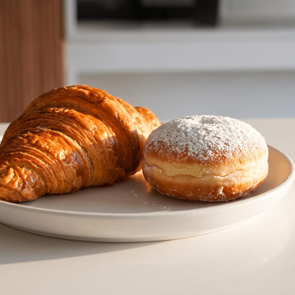 Golden croissant and powdered sugar cream-filled pastry arranged on a white plate in warm sunlight.