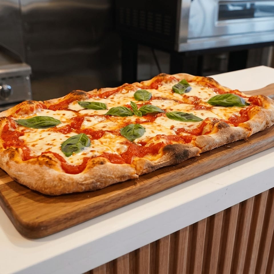 Rectangular Margherita pizza topped with melted mozzarella, tomato sauce, and fresh basil on a wooden serving board.