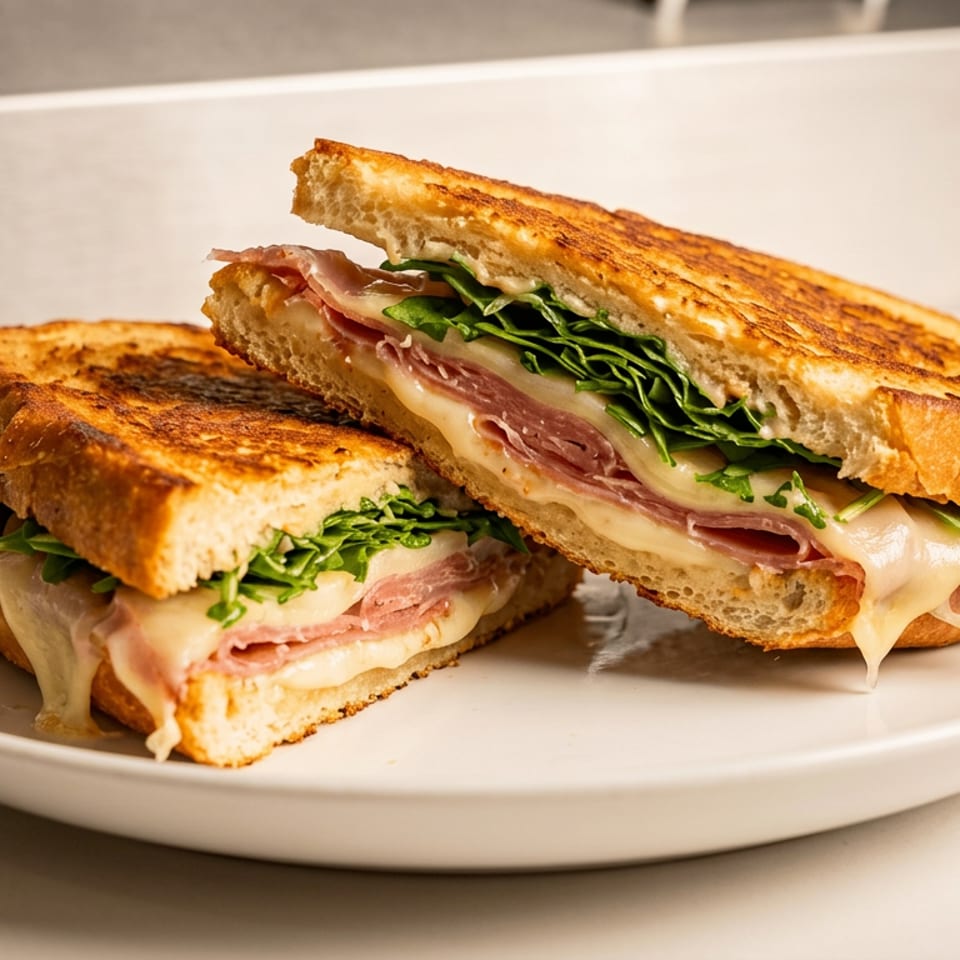 Two toasted ham and melted cheese sandwiches with leafy greens arranged on a white plate.